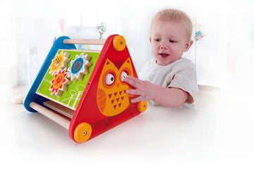 Hape Take-Along Activity Box 5-sided activity box has moving gears, balls, blocks, and a maze, plus colors, motion, and a mirror to reflect your child's smile The Toy Wagon