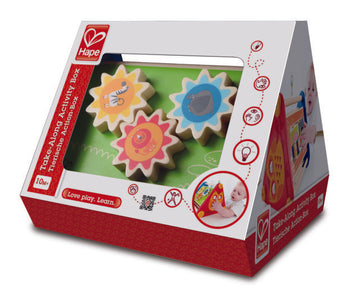 Hape Take-Along Activity Box 5-sided activity box has moving gears, balls, blocks, and a maze, plus colors, motion, and a mirror to reflect your child's smile The Toy Wagon