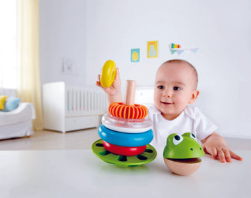 Hape Mr Frog Stacking Rings will help children learn about colors, counting and sounds The Toy Wagon