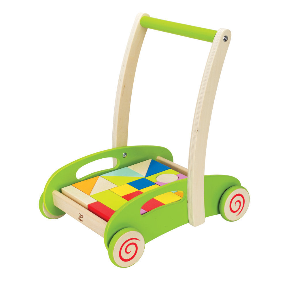 Hape Block and Roll wooden walker promotes dexterity, hand eye coordinations, and manipulations The Toy Wagon