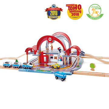 Hape Grand City Station is wooden railway and train set The Toy Wagon