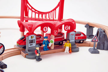 Hape Busy City Rail Set is wooden railway and train set The Toy Wagon
