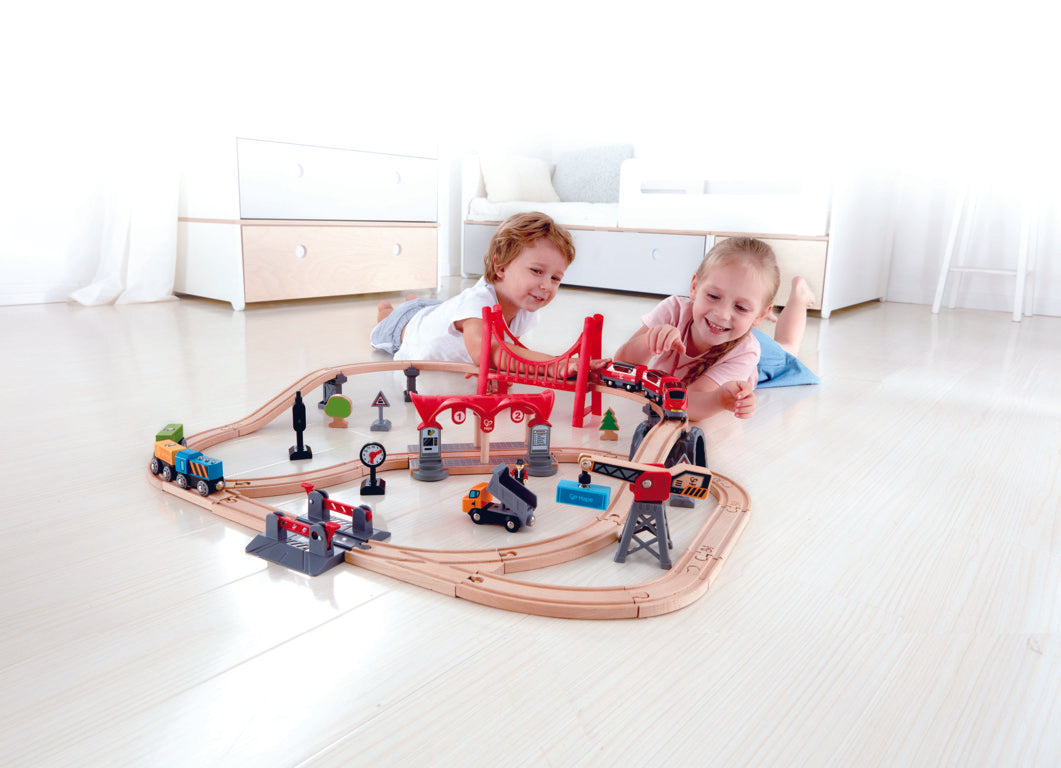 Hape Wooden Busy City Train Rail Set| 51 PCs Pretend Play Railway Set for  Kids Age 3Y+