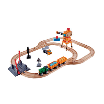 Hape Crossing & Crane Set is wooden railway and train set The Toy Wagon