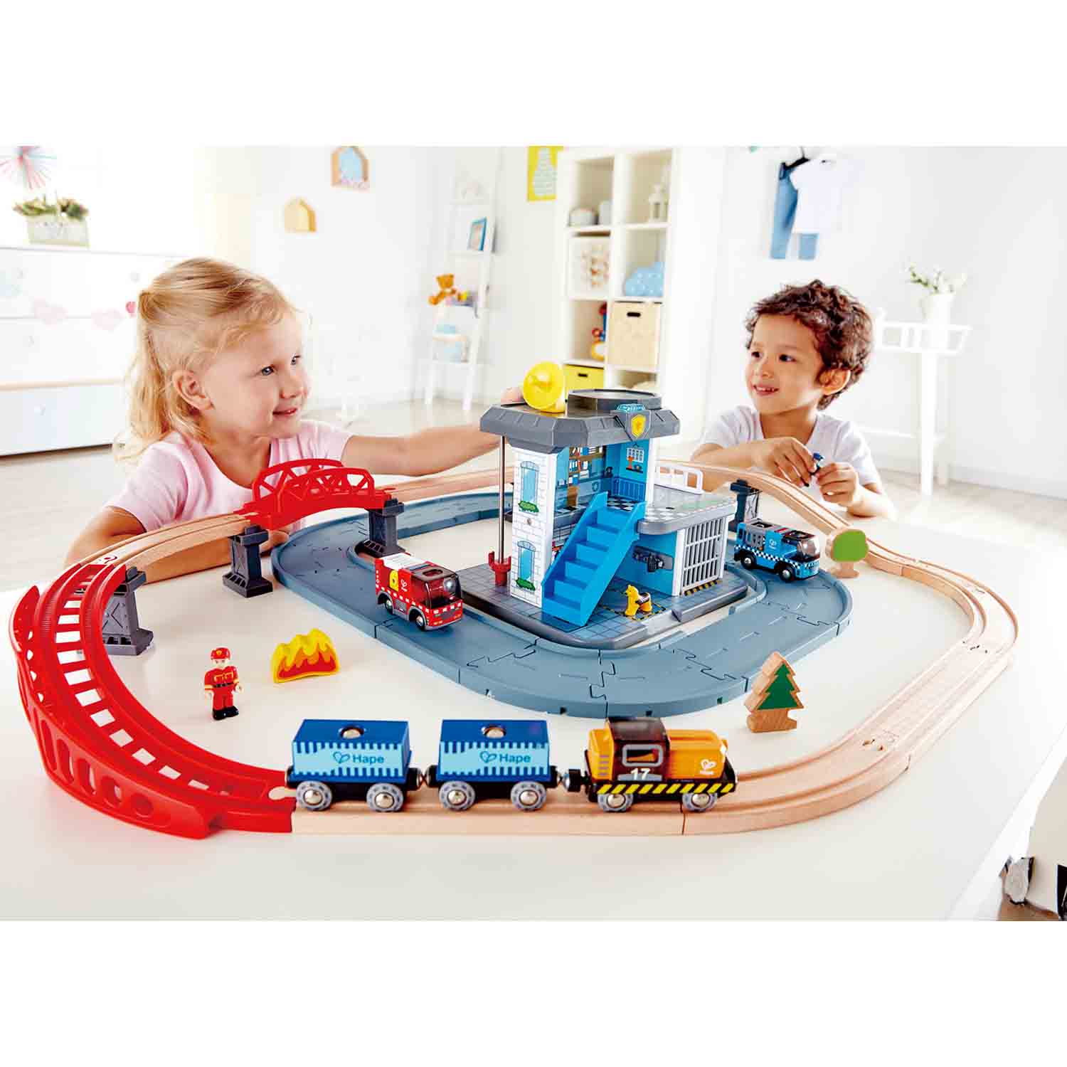 Hape Emergency Services HQ is wooden railway and train set The Toy Wagon