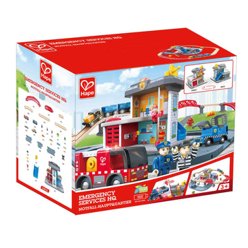Hape Emergency Services HQ is wooden railway and train set The Toy Wagon