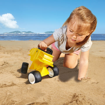 Hape Dump Truck - Yellow perfect for the sand or backyard play with quality outdoor toys The Toy Wagon