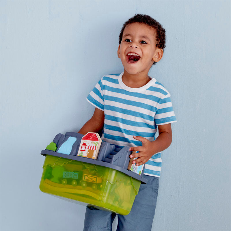Hape Railway Bucket-Builder-Set is wooden railway and train set The Toy Wagon