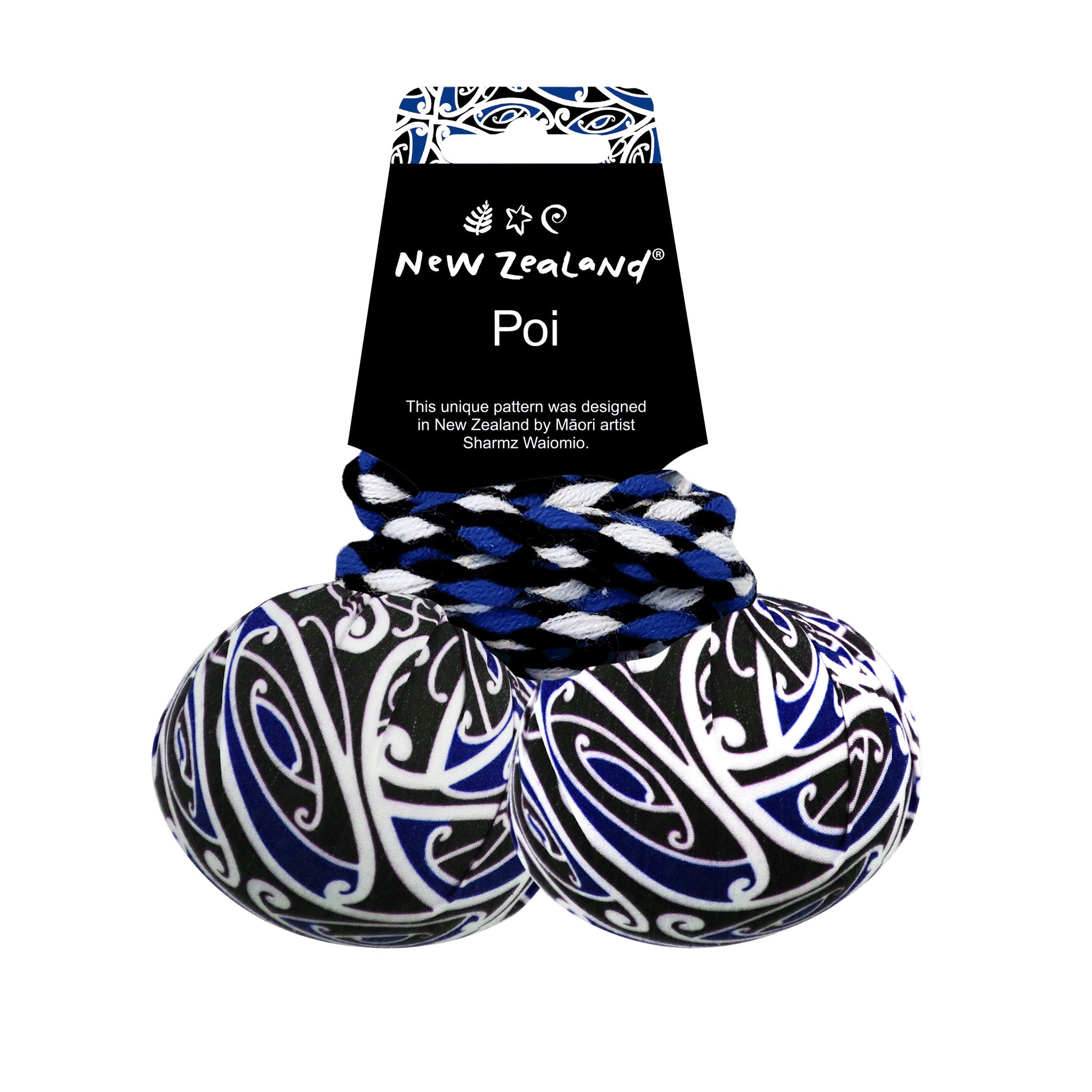 NZ Poi w/Maori Patterned Fabric Blue