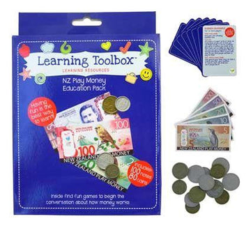 Identify the different colours and sizes of the New Zealand currency with this play money box set.