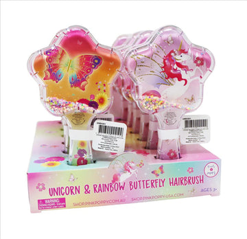 Pink Poppy Unicorn Princess and Rainbow Butterfly Hair Brush
