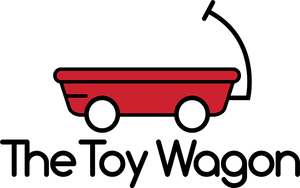 Illustration of a red wagon with white wheels and black handle above the The Toy Wagon text