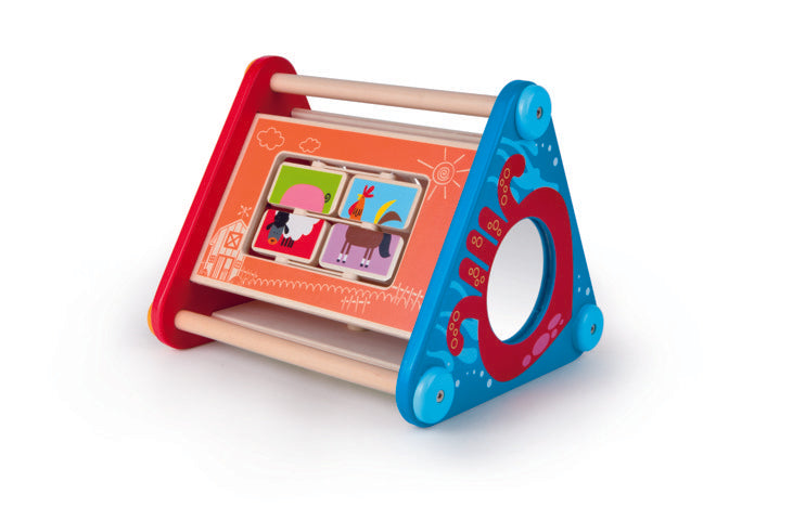 Hape Take-Along Activity Box 5-sided activity box has moving gears, balls, blocks, and a maze, plus colors, motion, and a mirror to reflect your child's smile The Toy Wagon