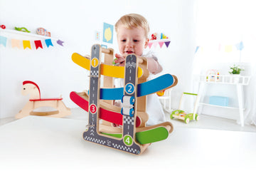 Hape Fast Flip Racetrack watch your race cars flip over one another as they come racing down The Toy Wagon