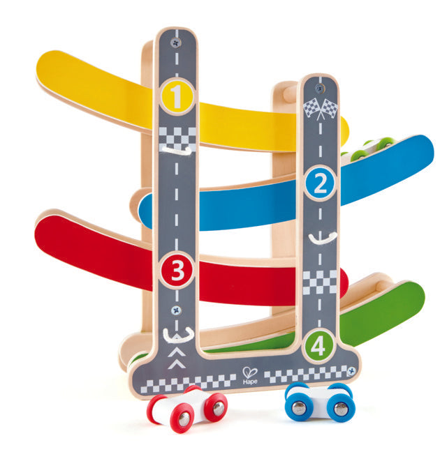 Hape Fast Flip Racetrack watch your race cars flip over one another as they come racing down The Toy Wagon