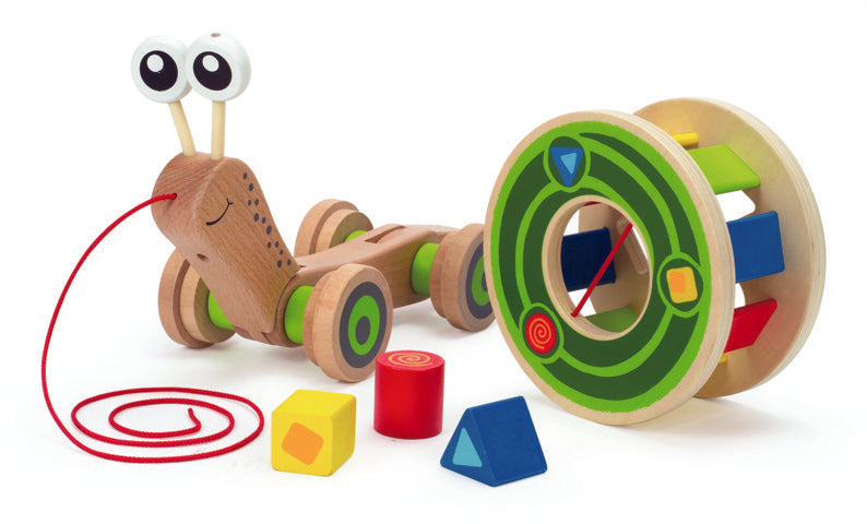 Hape Walk-A-Long Snail wooden push or pull along toy with sHape sorter for babies The Toy Wagon