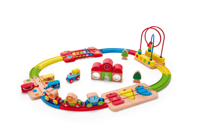 Hape Rainbow Puzzle Railway is wooden railway and train set The Toy Wagon