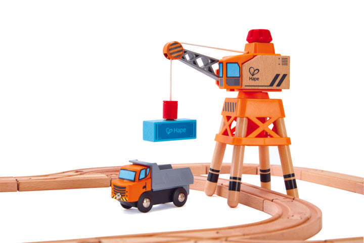 Hape Large Boom Crane is wooden railway and train set The Toy Wagon