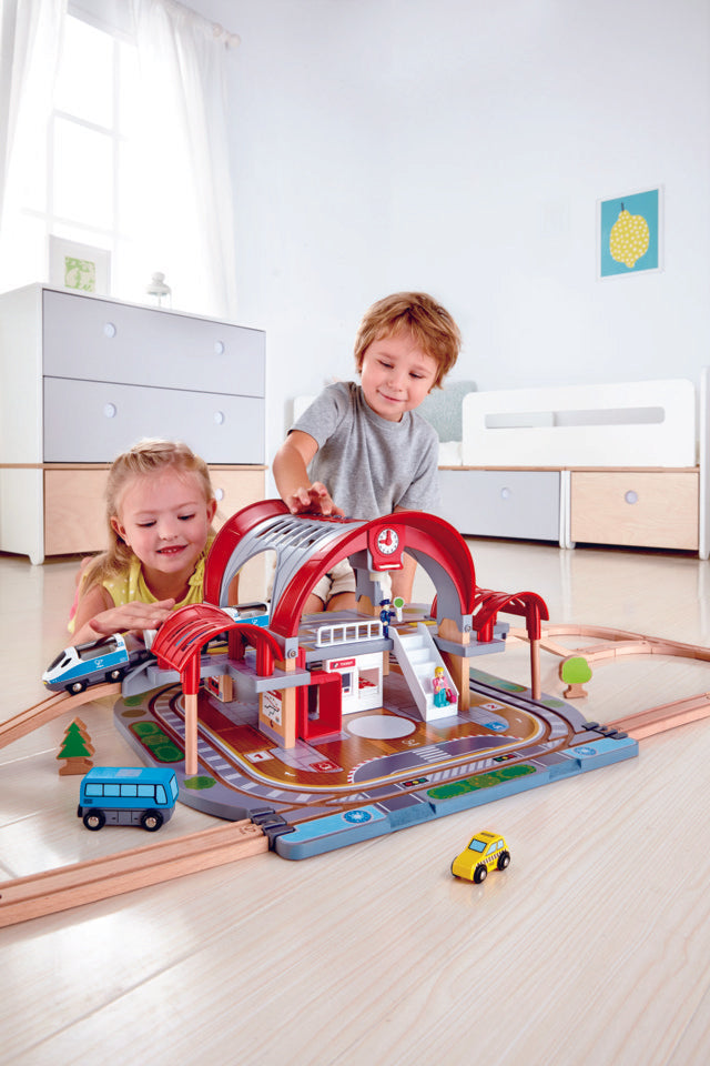 Hape Grand City Station is wooden railway and train set The Toy Wagon