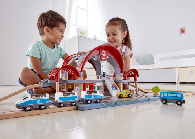 Hape Grand City Station is wooden railway and train set The Toy Wagon