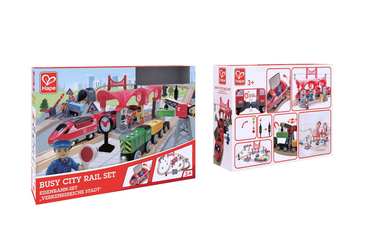 Hape Busy City Rail Set is wooden railway and train set The Toy Wagon
