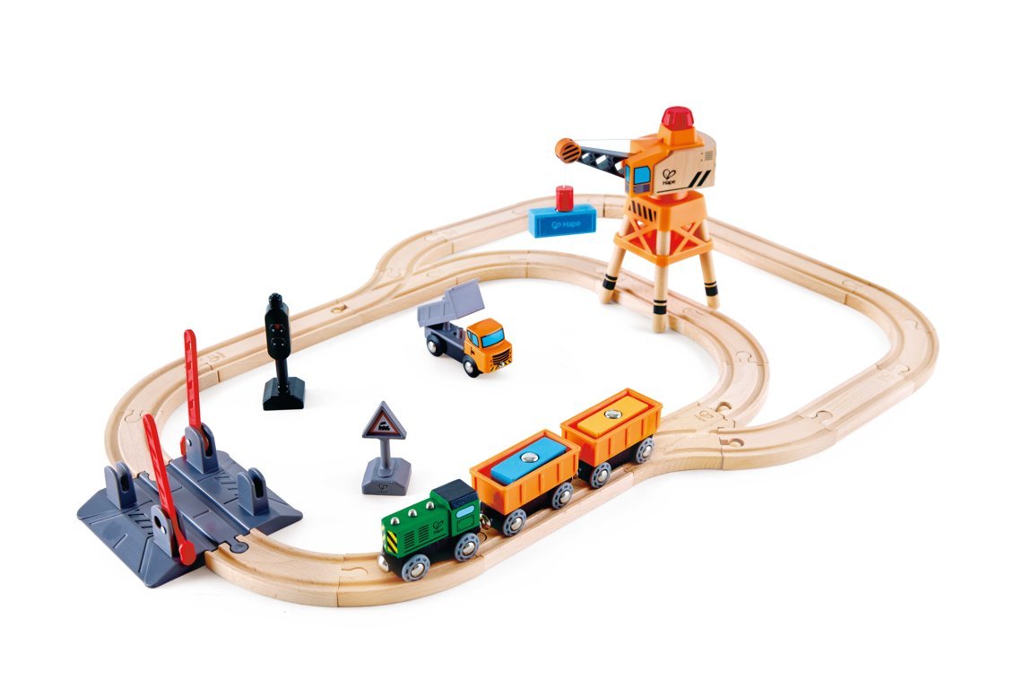 Hape Crossing & Crane Set is wooden railway and train set The Toy Wagon