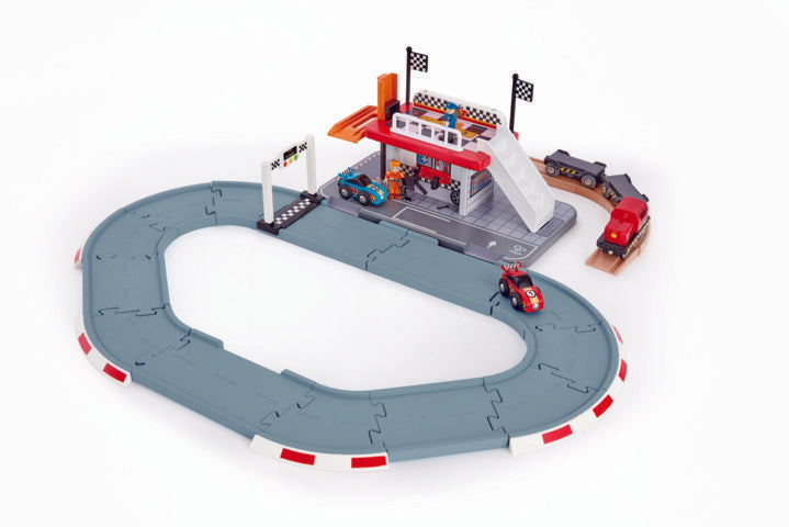 Hape Race Track Station is wooden railway and train set The Toy Wagon