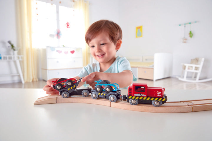 Hape Race Car Transporter is wooden railway and train set The Toy Wagon