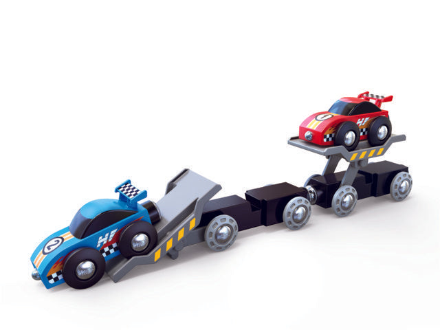 Hape Race Car Transporter is wooden railway and train set The Toy Wagon