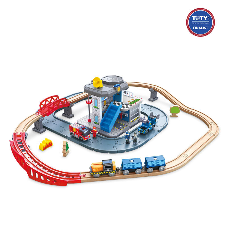 Hape Emergency Services HQ is wooden railway and train set The Toy Wagon