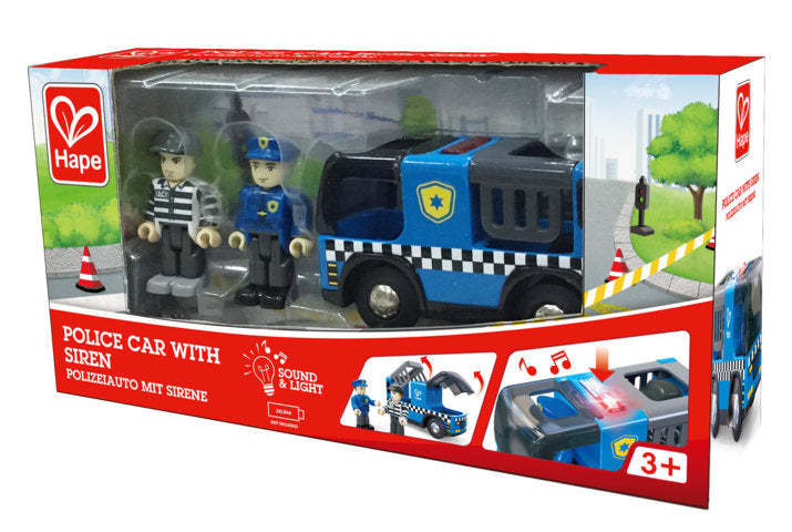 Hape Police Car with Siren is wooden railway and train set The Toy Wagon