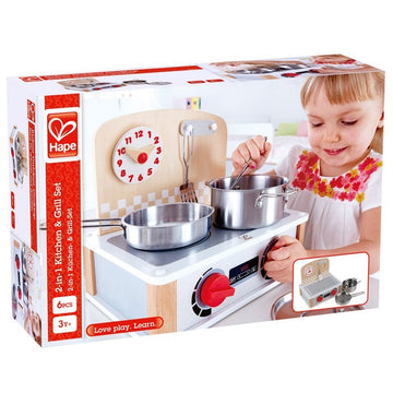 Hape 2-in-1 Kitchen & Grill Set imaginative play quality wooden toys The Toy Wagon