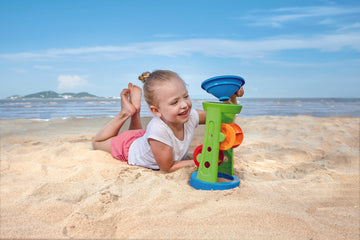 Hape Double Sand and Water Whee perfect for the sand or backyard play with quality outdoor toys The Toy Wagon