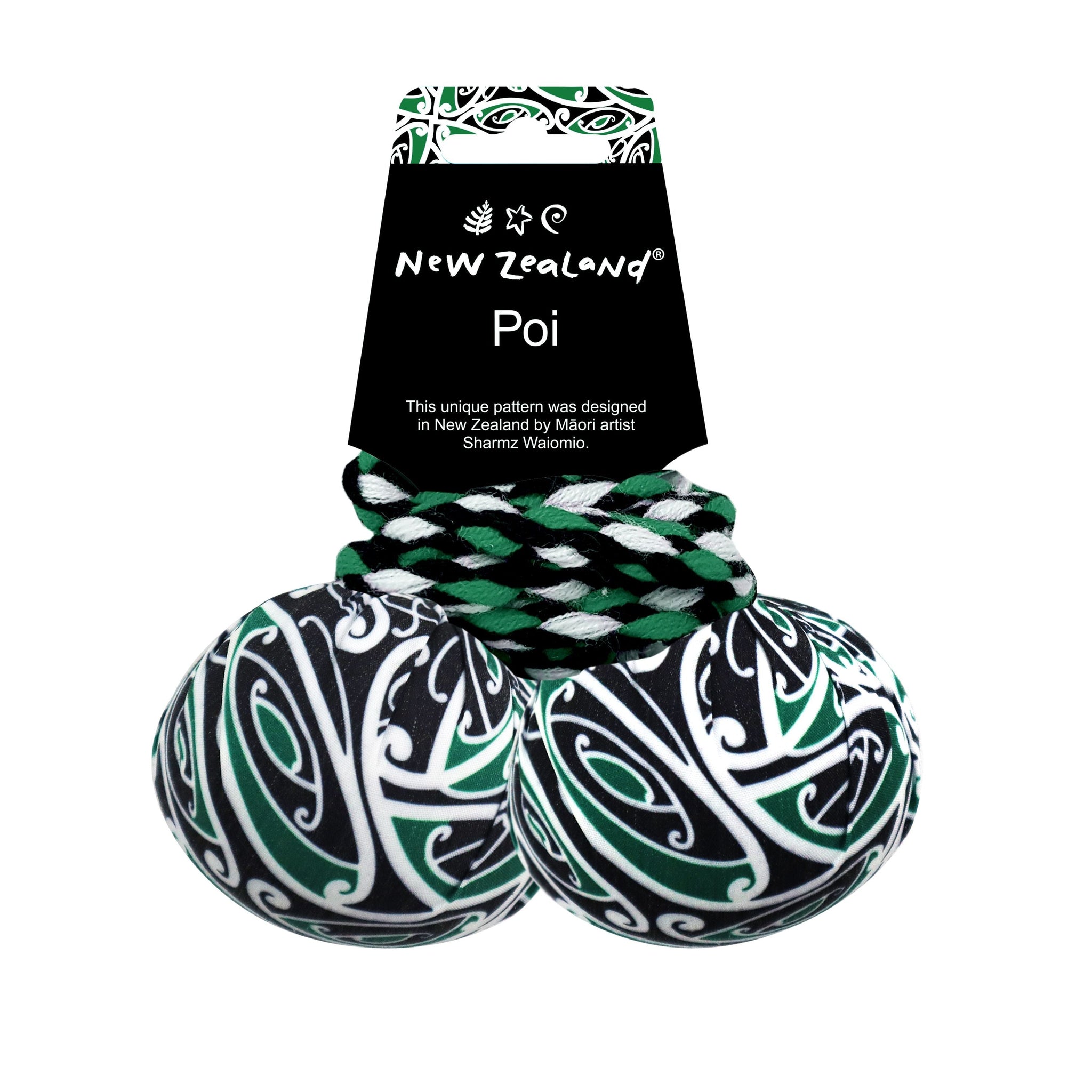 NZ Poi w/Maori Patterned Fabric Green