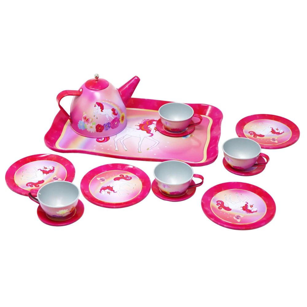 Pink Poppy Unicorn Butterfly 14 Piece Kids Play Pretend Tin Tea Set