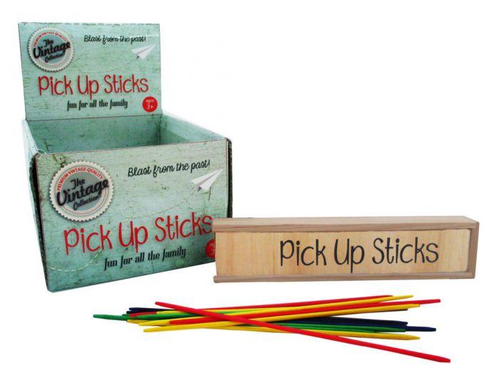 Pick up sticks in a vintage wooden box are great for rainy days in doors!